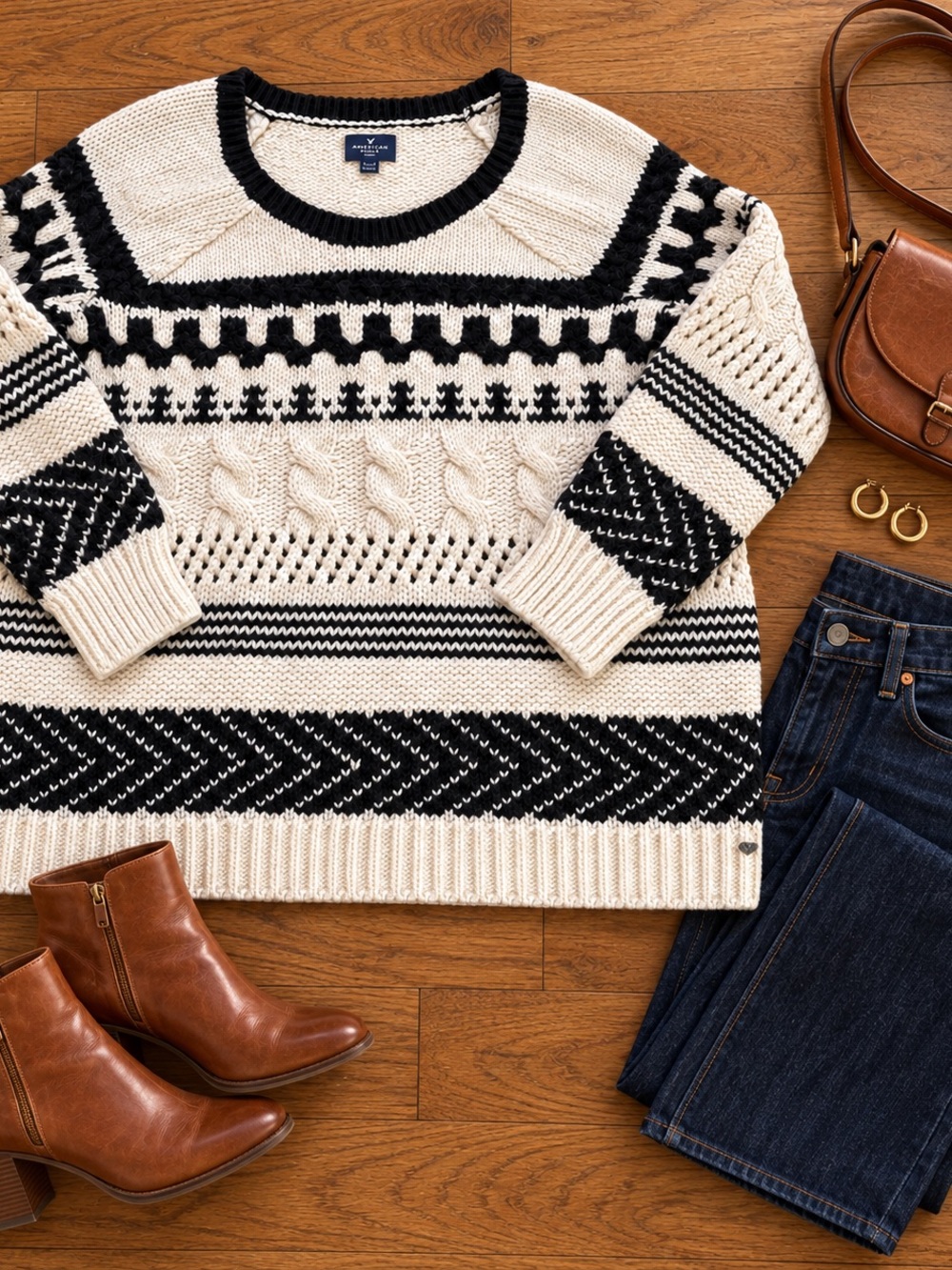 American Eagle Outfitters Black and Cream Fair Isle Cable Knit Crewneck Sweater